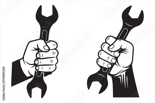Hands holding wrenches mechanical repair tools silhouette on vector white background