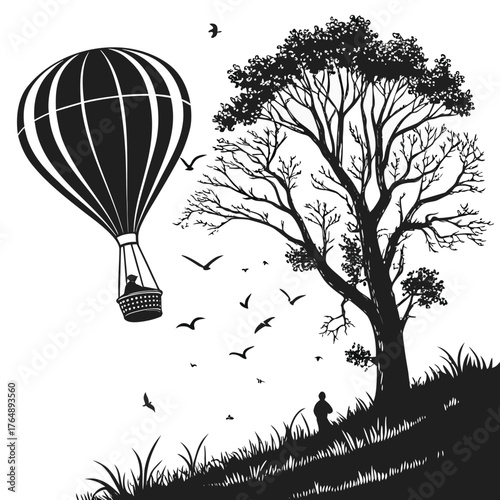 Silhouette of a hot air balloon floating near a tree with a person on a hill