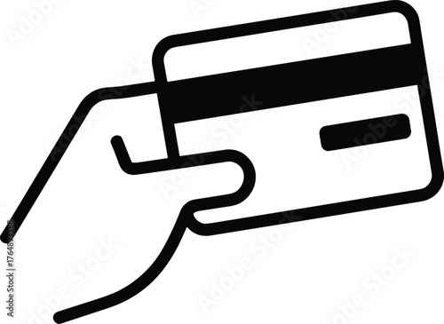 Credit card icon, hand holding card, payment symbol, financial transaction graphic, banking vector, digital commerce illustration, black and white, minimal design