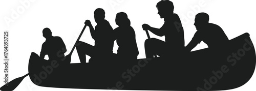 Silhouette canoe with five people paddling together, teamwork on water, outdoor adventure, group rowing, minimal waves, black vector illustration
