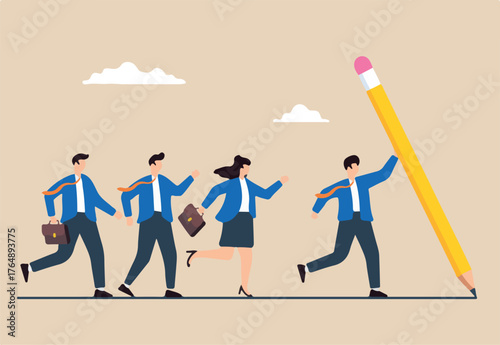 Flat illustration of business leader guiding team by drawing path line with large pencil for leadership vision and achieve success	