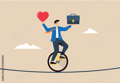 Flat illustration of businessman riding unicycle and balancing heart briefcase on tightrope work life balance managing stress