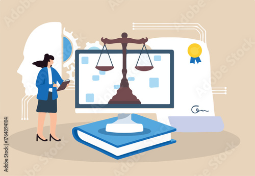 Flat illustration of woman ensuring compliance with regulations following security laws and legal adherence	