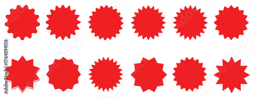 Set of red starburst, sunburst badges. Design elements - best for sale sticker, price tag, quality mark. Flat vector illustration isolated on white background.
