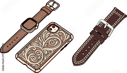 Artistic illustration of luxury leather accessories a richly detailed smartphone cover and a classic timepiece strap design
