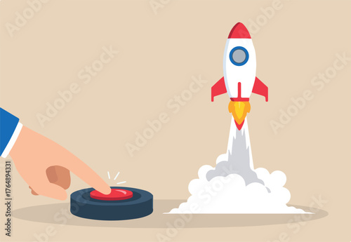 Flat illustration of businessman hand pushes start button to launch rocket representing initiation of new startup