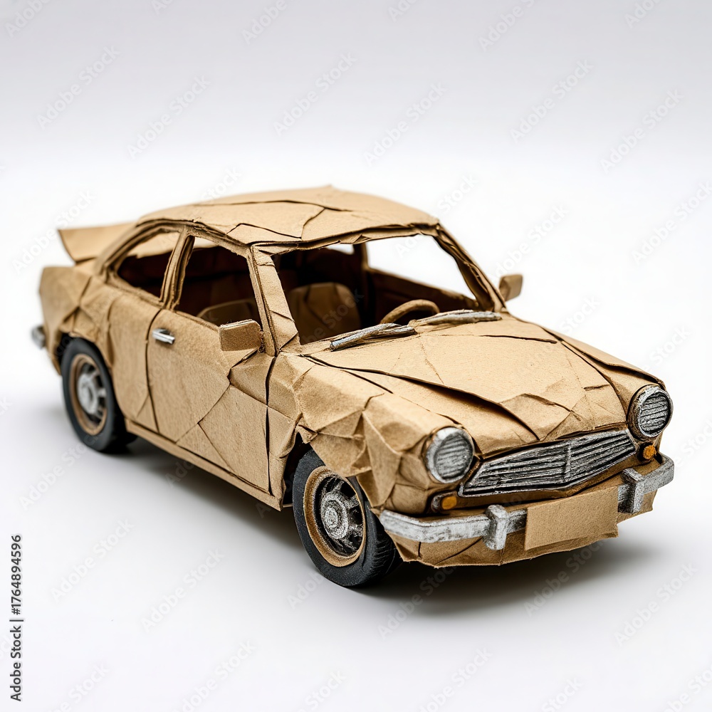 Obraz premium Vintage Paper Car Model on White Background