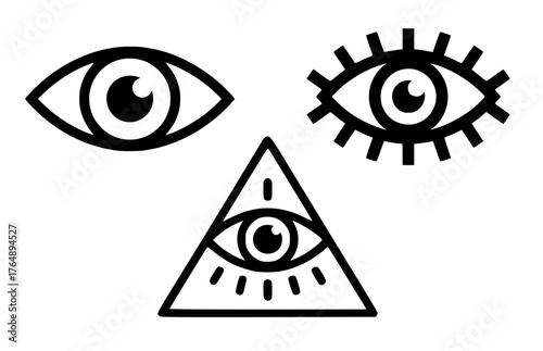 Set of three stylized eye icons including the all-seeing eye in a pyramid for mystery, spirituality, or conspiracy concepts