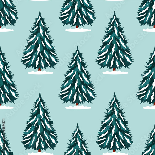 Christmas background with winter fir trees. A beautiful seamless pattern for printing on textiles, packaging, and wrapping paper.
