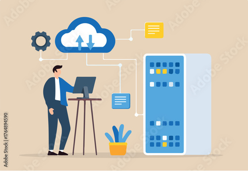 Flat illustration of man managing data backups and protecting against data loss