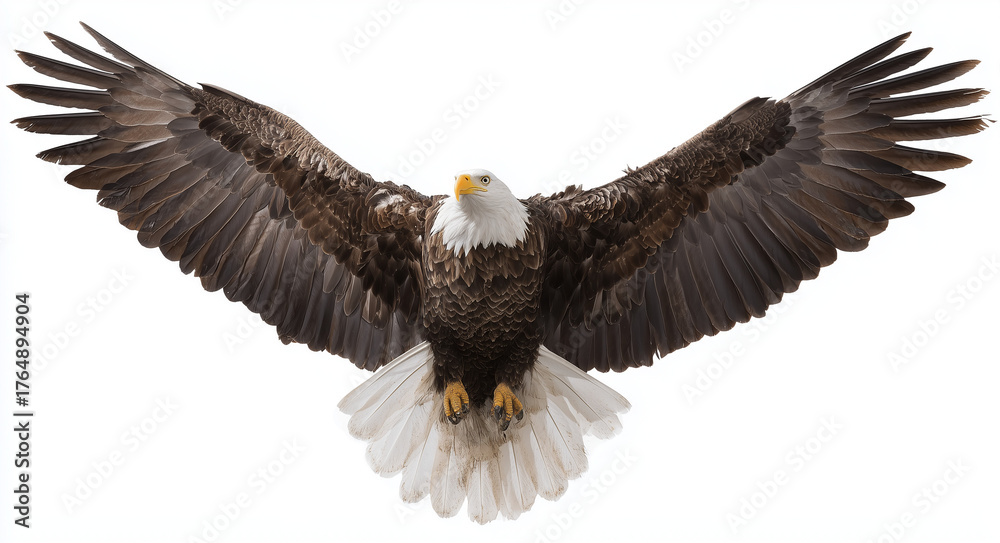 Obraz premium Majestic bald eagle soars with impressive spread wings full-body image against a white background, bald eagle, eagle, flying, wings, soaring, predator, wildlife, nature, freedom, American eagle