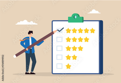 Flat illustration of businessman use pencil to give five star evaluation in feedback survey