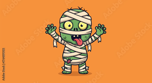 A cute cartoon green mummy character with big eyes and tongue out, wrapped in bandages, standing on an orange background.