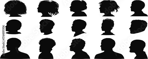 Diverse collection of fifteen black and white anonymous human head and shoulder silhouette profile portraits, people set with various hairstyles and ages for avatars and user icons
