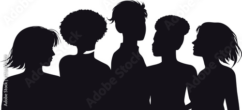 Group profile silhouette portrait of diverse young people standing together, a vector illustration of friends or team members representing community, unity, and multi-ethnic diversity