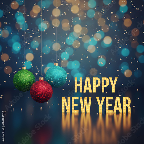 Festive Happy New Year Illustration with Glittery Christmas Ornaments and Illuminated Golden Letters