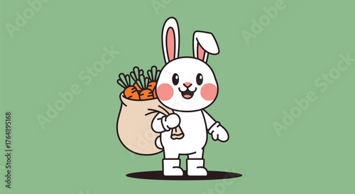 A cute cartoon white rabbit carrying a sack full of carrots on its back, standing against a plain green background.