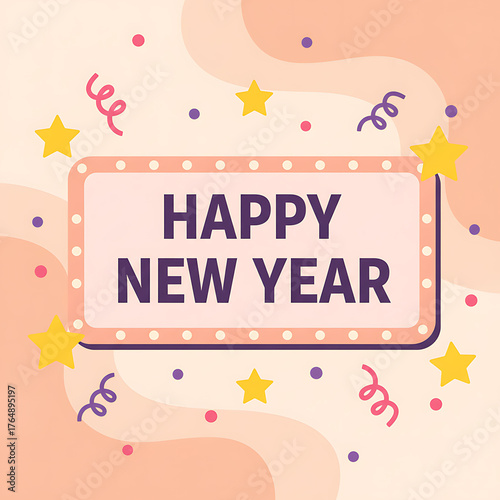 Happy New Year Digital Illustration on Light Pink Marquee Board – Cheerful Pastel Celebration Design