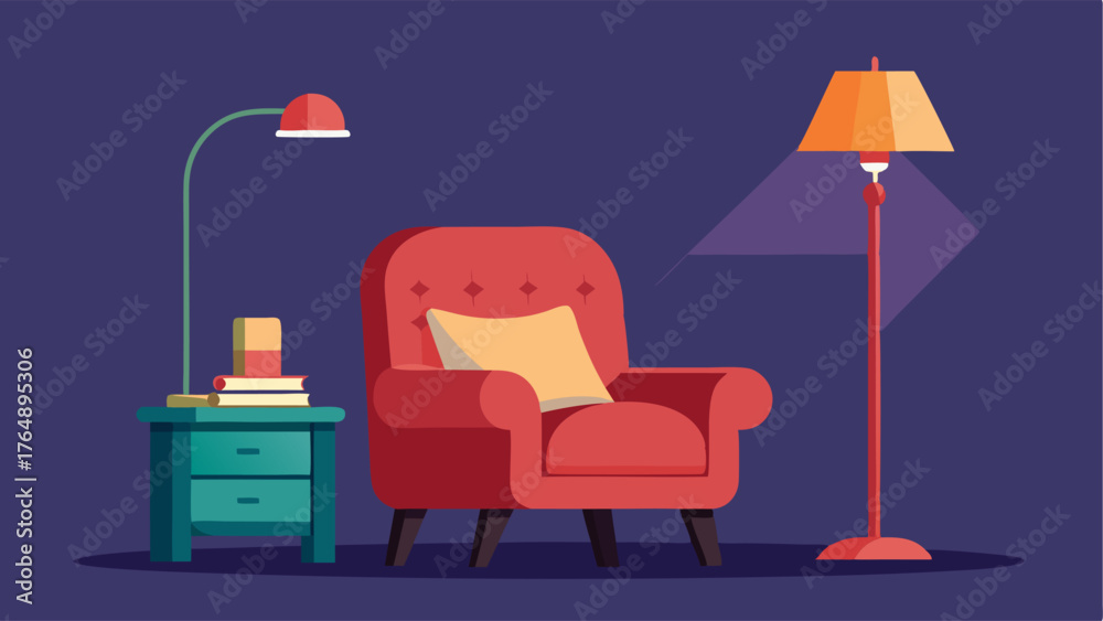 Fototapeta premium A charming reading nook with a vintage velvet armchair and a modern floor lamp.