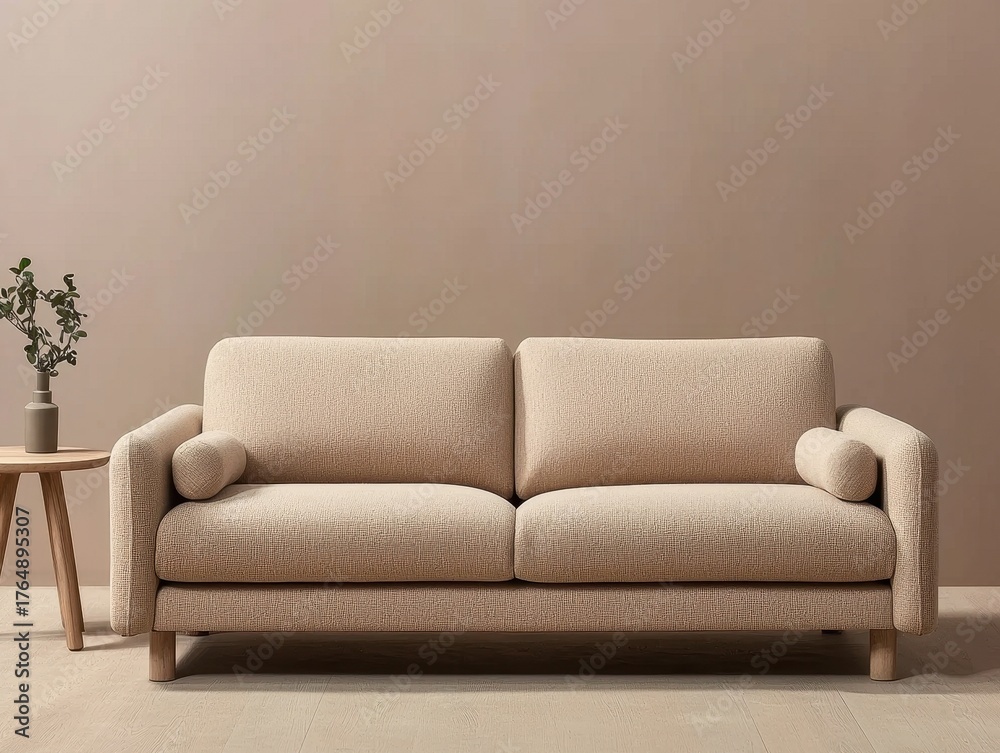 Fototapeta premium Cozy modern sofa with soft fabric and minimalistic wood legs