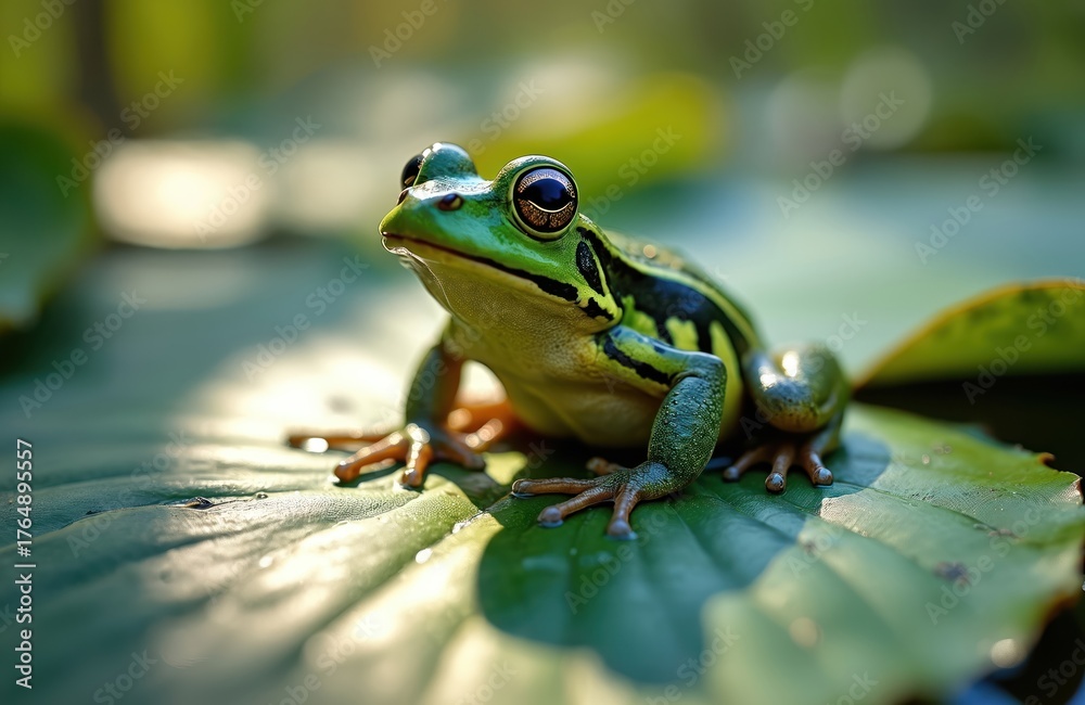 Naklejka premium Green frog sitting on water lily leaf in pond. Close-up shot of amphibian animal with large eyes. Frog perches on lily pad with wet skin. Natural environment with green foliage.