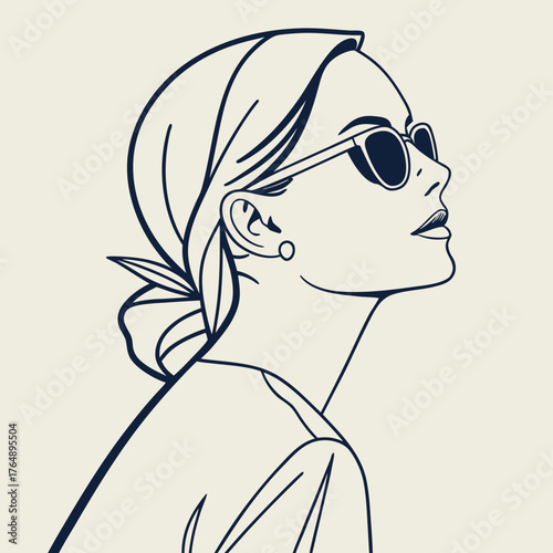 Elegant woman with sunglasses and headscarf looking up with a sophisticated profile line art illustration