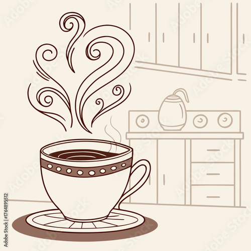 Steaming cup of coffee with decorative swirls of steam in a cozy kitchen setting with cabinets and a kettle on the stove