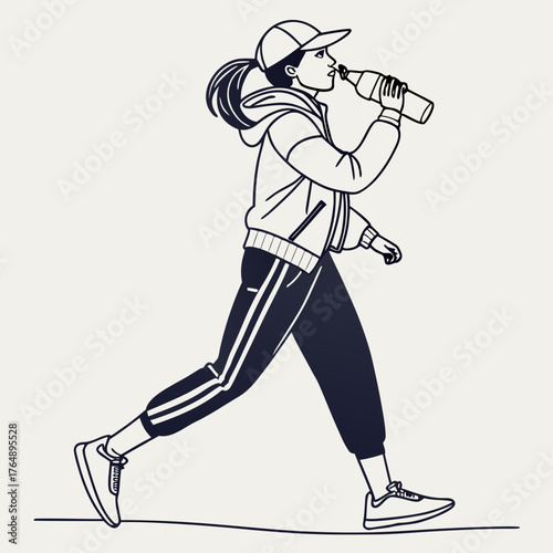 Young woman in athletic wear and baseball cap drinking water from a bottle while jogging outdoors on a light background