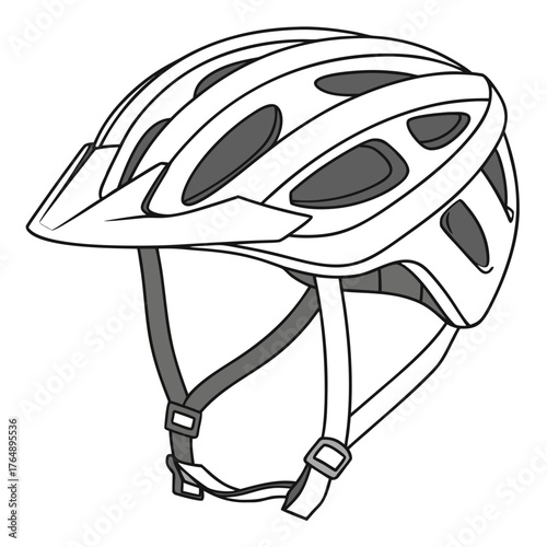A clean line drawing illustration of a white cycling helmet with gray vents and straps on a white background