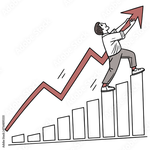 A determined person climbs a bar graph reaching for an upward trending arrow symbolizing success and growth