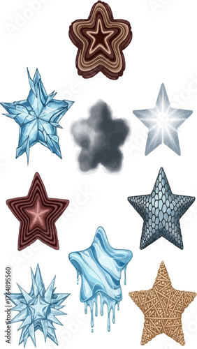 A set of stars, stars collection, star vector icons vector art of assortment of nine unique stars, each with a distinct texture and material appearance