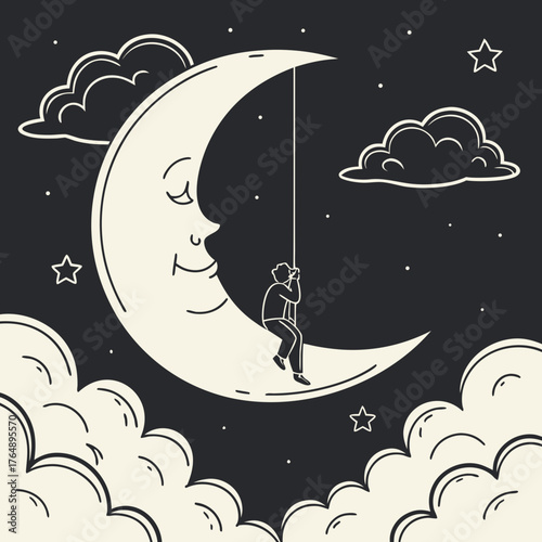 A person swings on a rope attached to a smiling crescent moon under a starry night sky with clouds