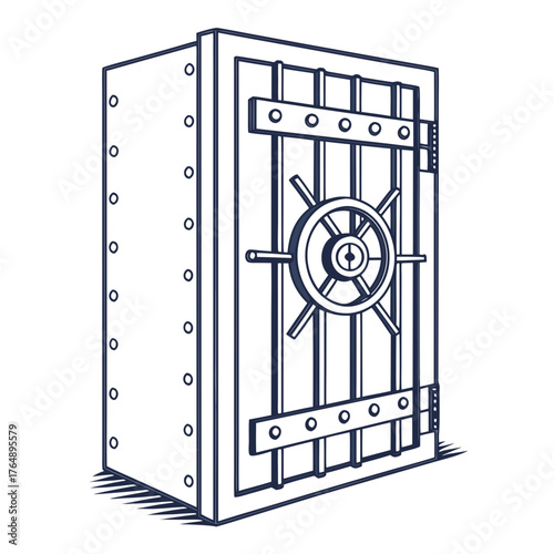 A detailed line art illustration of a classic bank vault door with a combination lock and reinforced metal bars symbolizing security and wealth