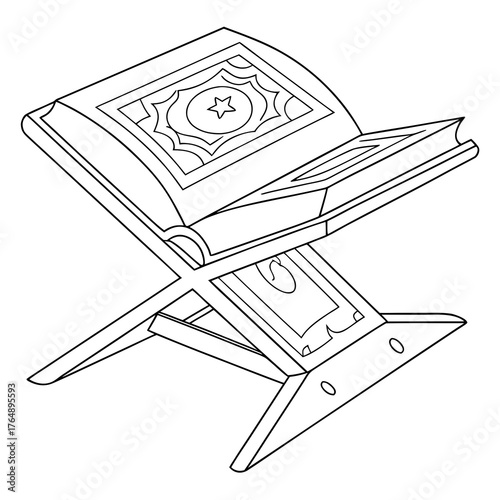 A simple black and white line drawing of an open quran resting on a wooden book stand symbolizing islamic faith and study