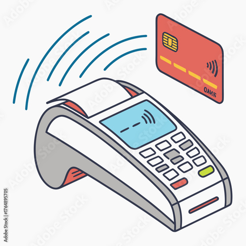 Contactless payment transaction with a credit card and a point of sale terminal showing wireless communication waves