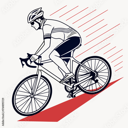 Dynamic illustration of a cyclist in full gear speeding downhill with red motion lines and a red road graphic