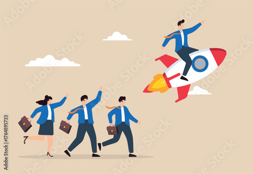 Flat illustration of business leader pointing direction riding rocket guiding team success innovation startup boost partnership productivity