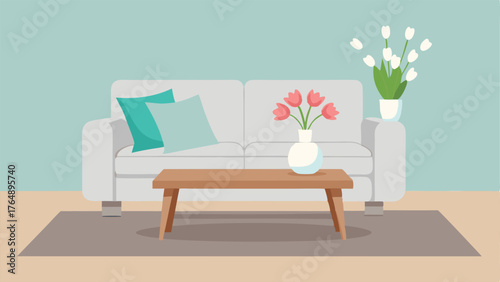 A cozy sitting area with a white sofa and a grey rug. A wooden side table holds a vase of fresh flowers.