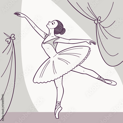 Elegant ballerina in a tutu performs a graceful pose on stage with draped curtains in the background a classic ballet performance