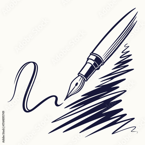 Elegant fountain pen drawing a smooth curved line and scribbled strokes on a light background symbolizing creativity and writing