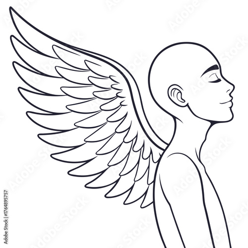 Elegant line art illustration of a serene bald person with large feathered wings depicted in profile with closed eyes and a gentle smile