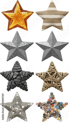 A set of stars, stars collection, star vector icons vector art of collection of eight diverse star shapes and textures, including metallic, rustic, and decorative styles