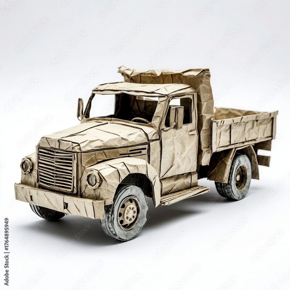 Obraz premium Vintage Paper Truck Model Made from Brown Wrinkled Paper