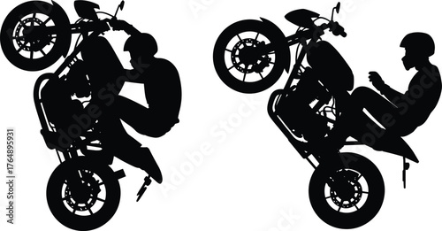 Silhouette of two motorcyclists performing wheelies on dirt bikes, stunt riding, helmet safety, off-road motion, black vector illustration