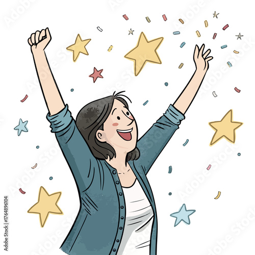 Happy cartoon girl with gift boxes and stars is an illustration of a fun fashion beauty woman