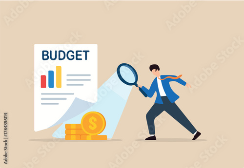 Flat illustration of businessman revealing hidden coins under budget sheet with magnifier light to uncover financial insights and spending analysis