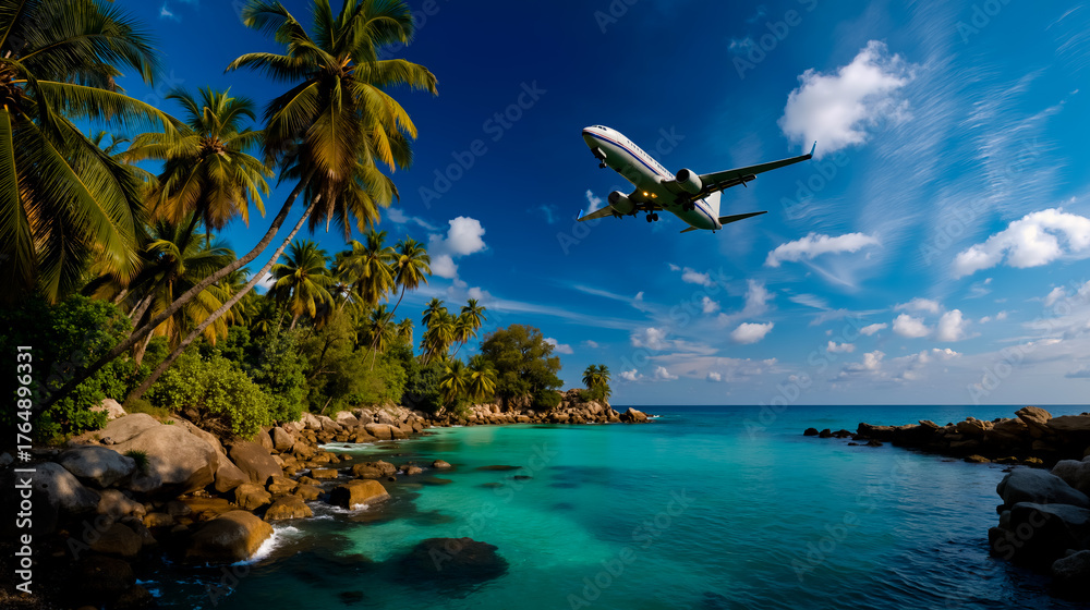 Naklejka premium A large airplane flying over a tropical beach with clear blue water and palm trees