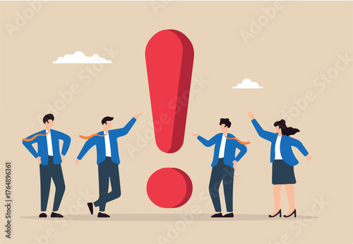 Flat illustration of business people think around giant exclamation mark symbolizing critical problem requiring attention