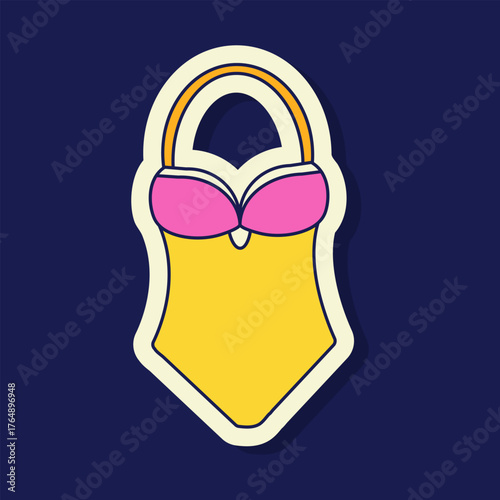 A colorful cartoon sticker featuring a yellow swimsuit with pink accents. The design has a white outline, resembling travel stickers for a summery vibe.