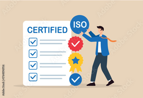 Flat illustration of businessman stacking quality badges to build ISO certified checklist for business approval